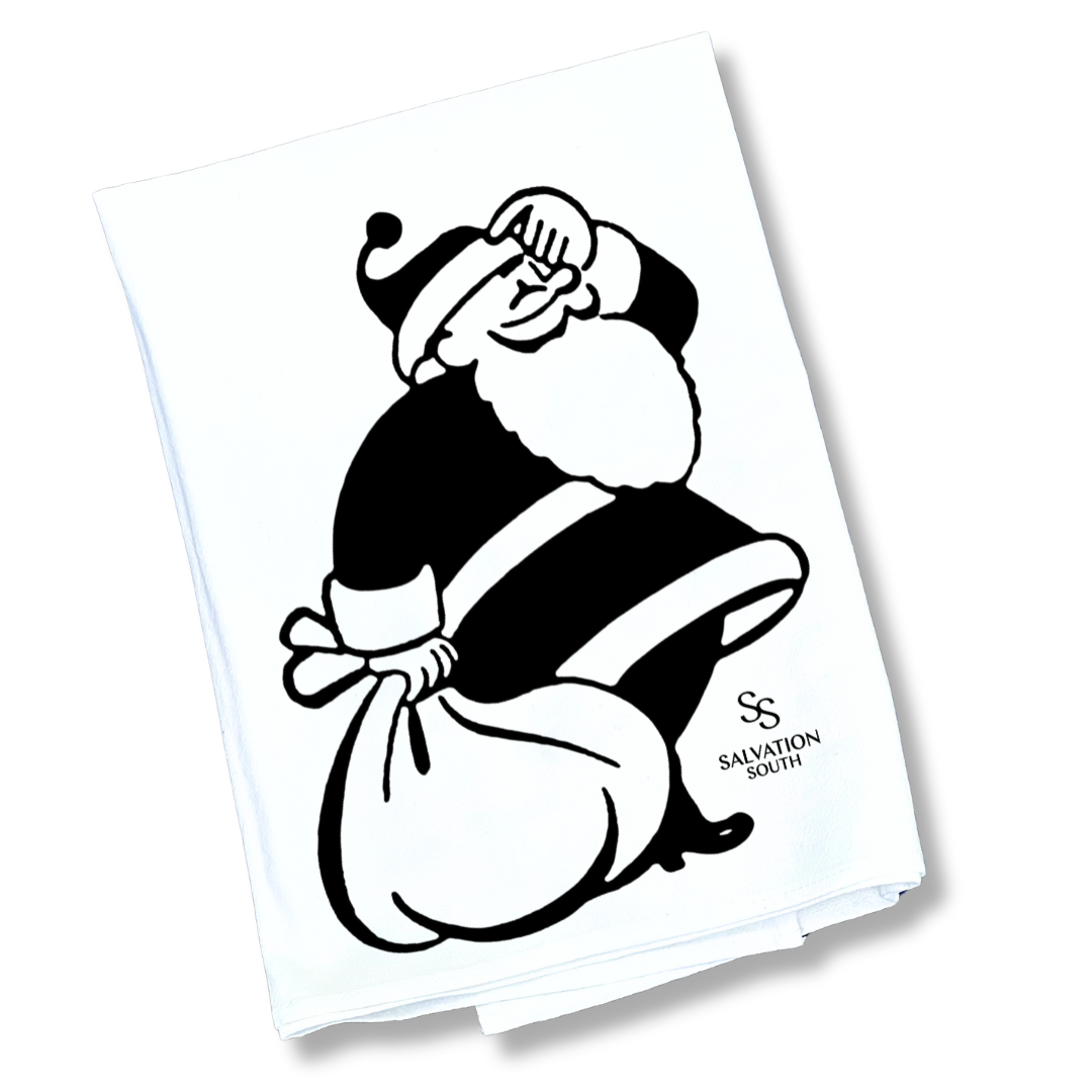 White towel with black Santa Claus design and 'Salvation South' logo.